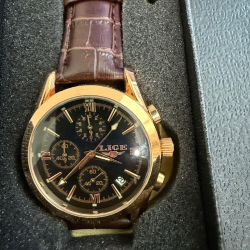 Lige Men's Watch Rose gold and Black Dial with Brown Leather Strap